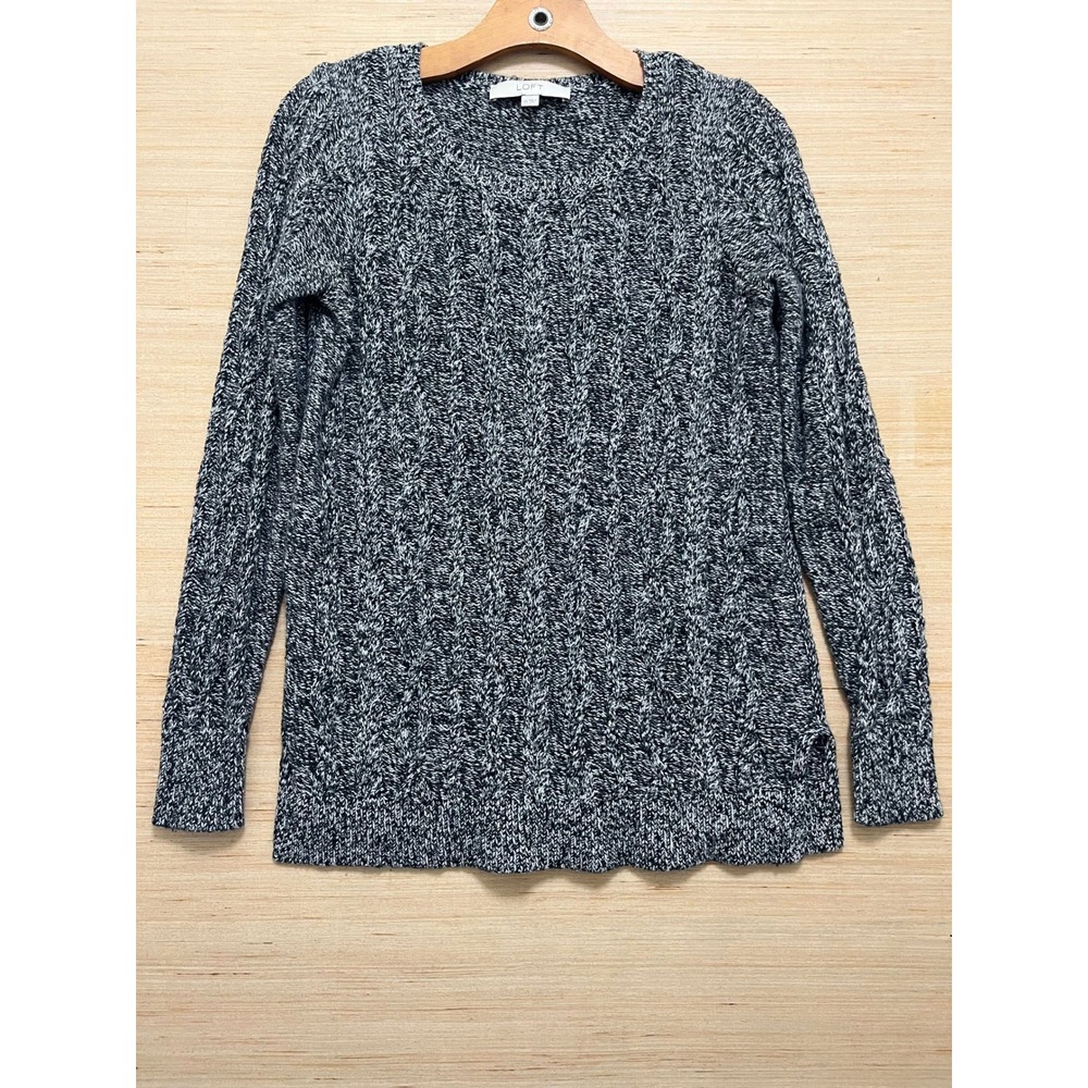 Loft Womens XS Navy Blue White Marled Cable Knit Crewneck Sweater Long Sleeve